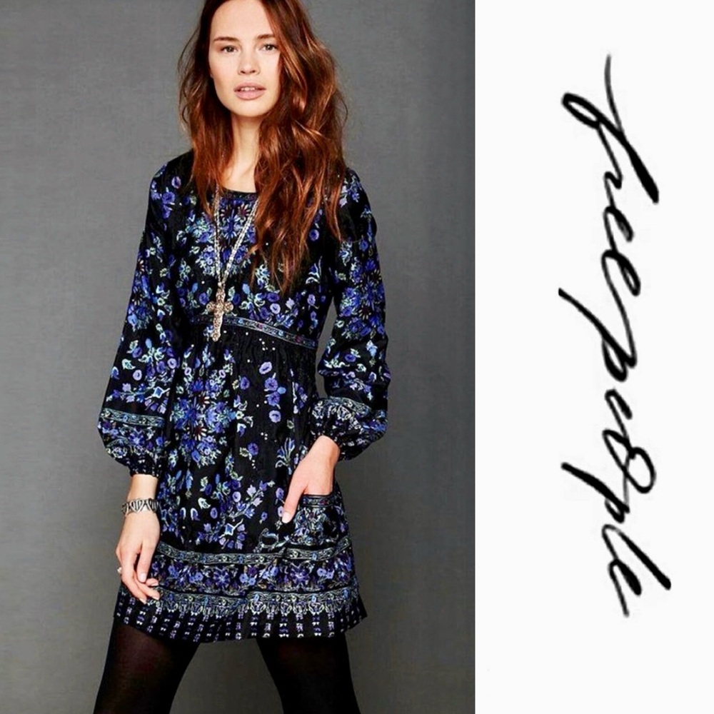 Free People Sequin Matroyshka Russian Doll Tunic Dress Sz 8 Black Embroidered - Picture 1 of 10